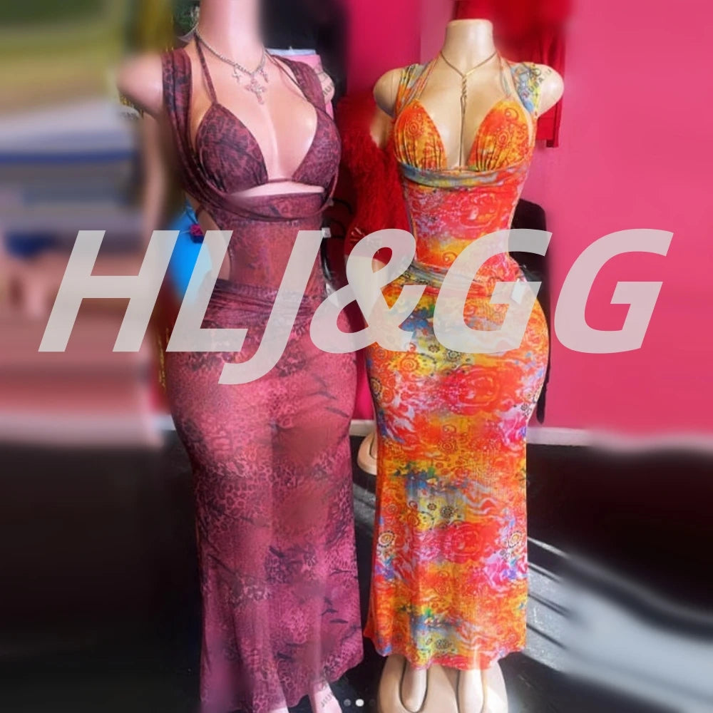 HLJ&GG Sexy Deep V Mesh See Though Bandage Long Dresses Women Tie Dye Print Sleeveless Backless Slim Vestidos Fashion Streetwear