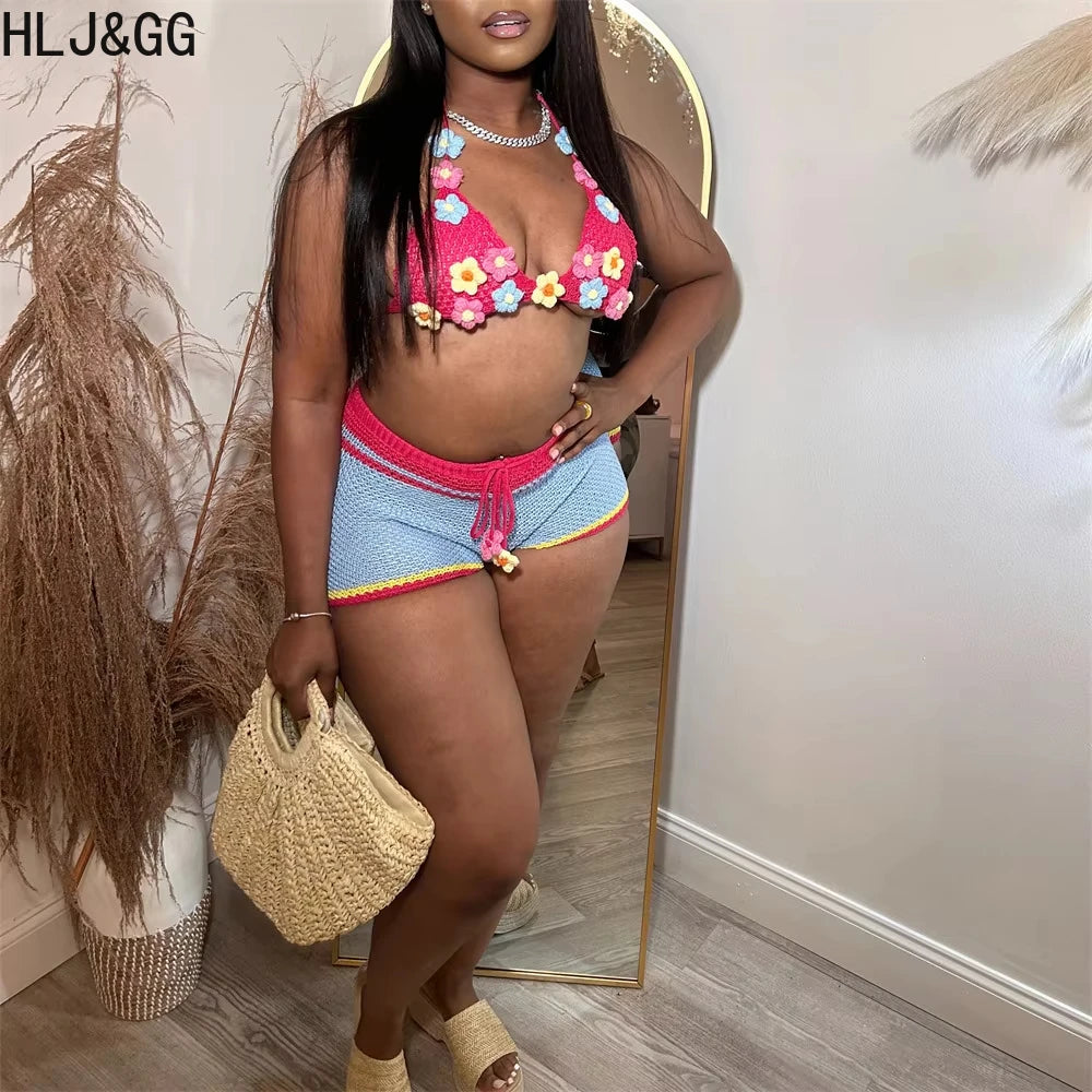 HLJ&GG Sweet Pastoral Fashion Knitting Little Flower Hollow Two Piece Sets Women Halter Lace Up Backless Bra And Shorts Outfits
