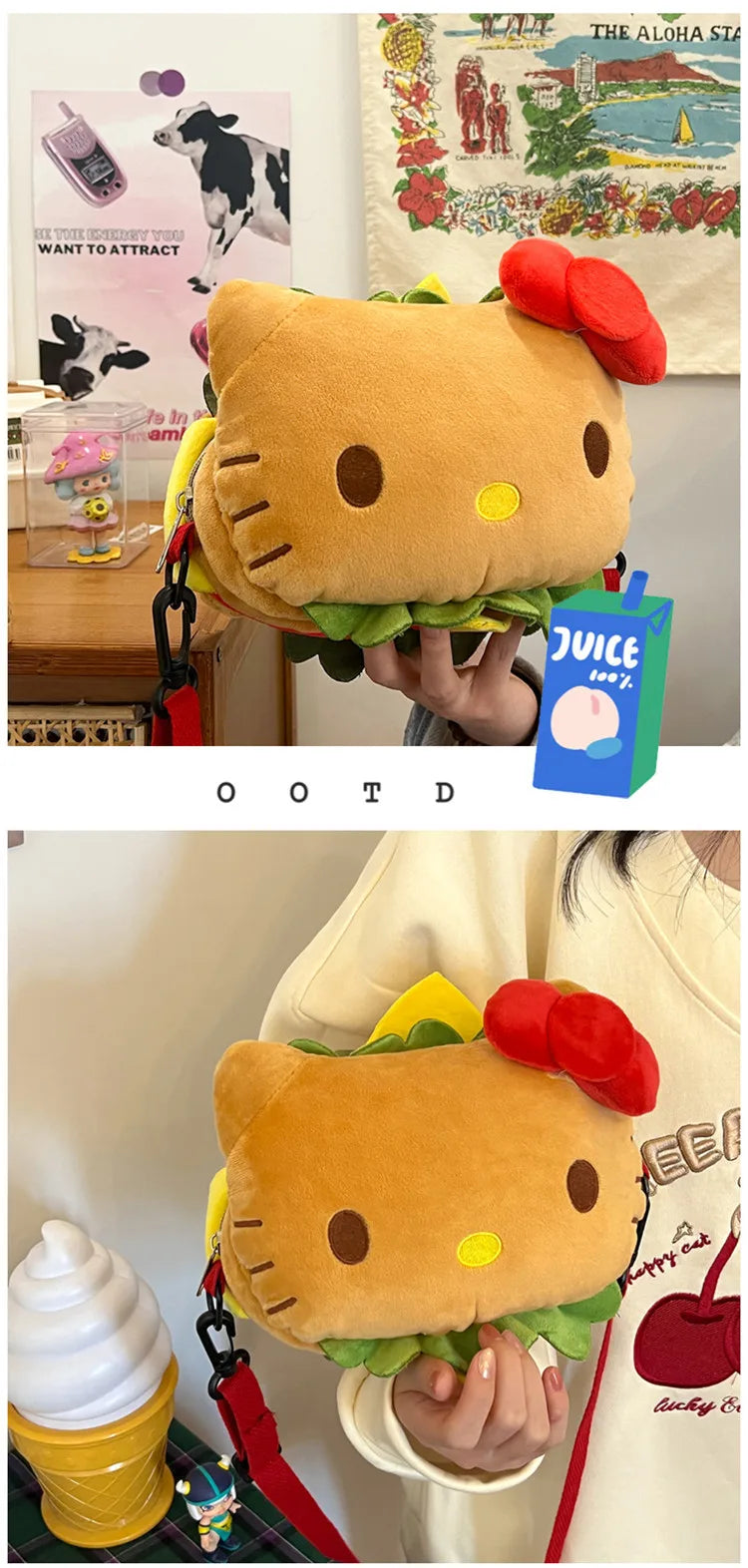 Hello Kitty Kawaii Hamburger Plush Mini Crossbody Bag Adorable Shoulder Purse for Teen Girls Kawaii Fashion Shoulder Bagfor Girl
