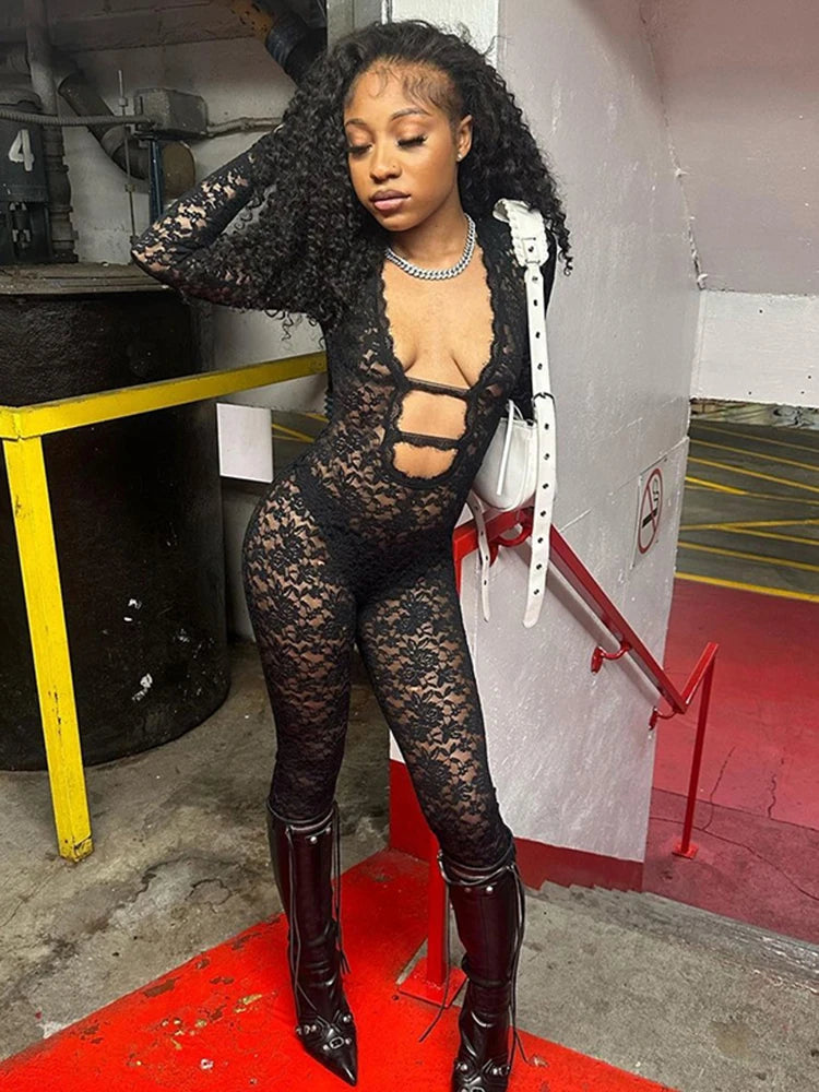 Weird Puss Sexy Jacquard Jumpsuit Women Sexy Mesh Patchwork Low-Neck Hollow Full Sleeve Skinny Midnight Party Clubwear Overalls