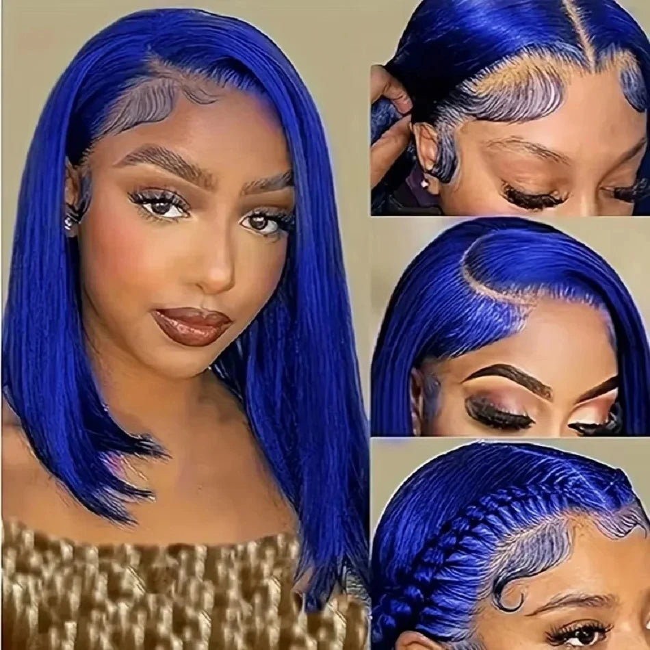 13x4 Lace Front Short Bob Wig Blue Color Straight Navy Blue Bob Transparent Lace Frontal Wigs Human Hair For Black Woman 10 Inch