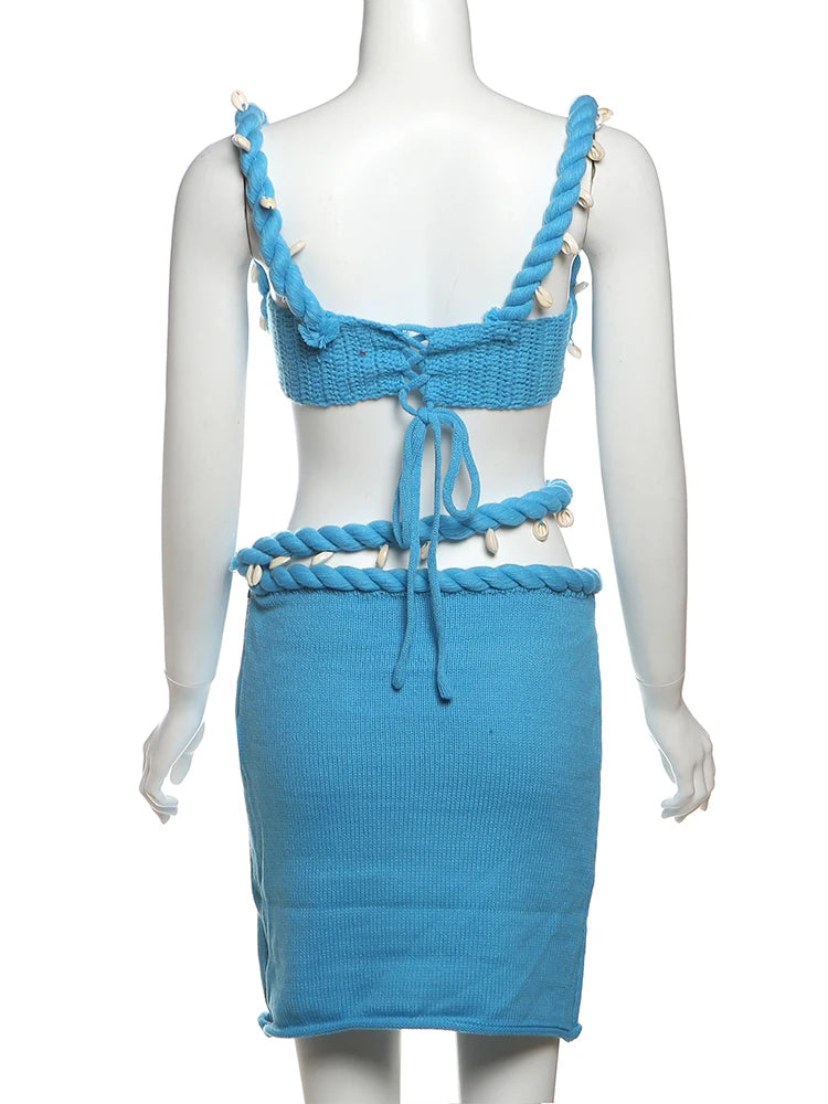 Weird Puss Crochet Applique Patchwork 2 Piece Set Women Sexy Backless Crop Tops+Bandage Hollow Skirts Vacation Beach Party Suits