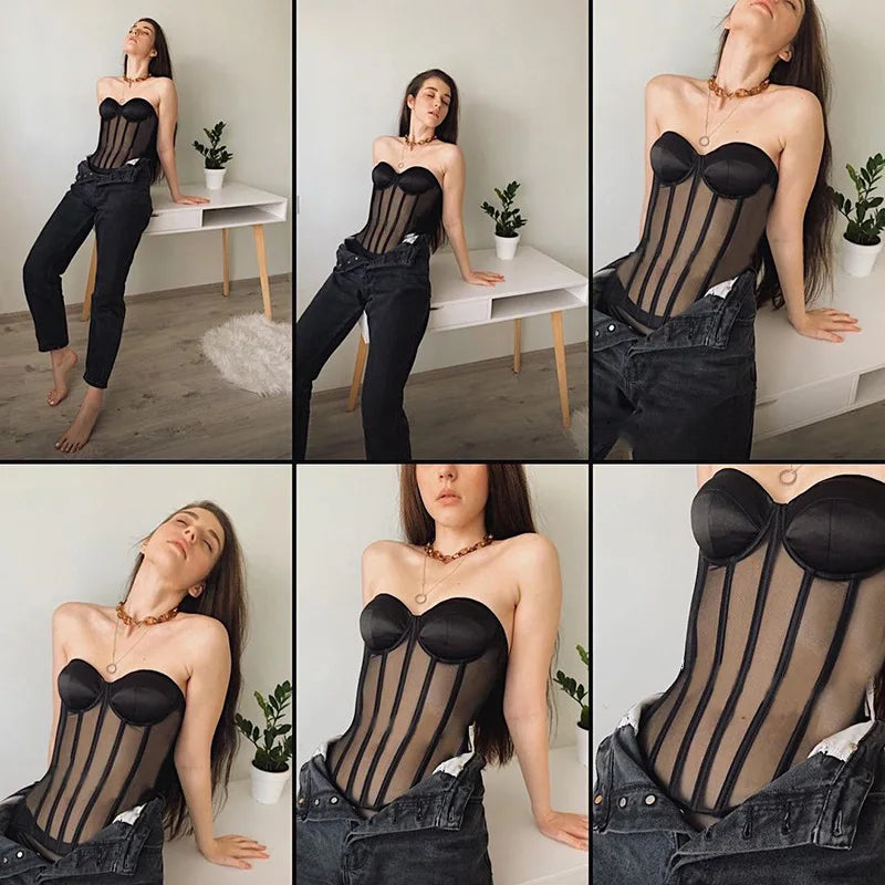 Sexy Gothic Underbust Corset Women Black Transparent Bra Party Lingerie and Waist Cincher Bustiers Top Workout Shape Body Belt
