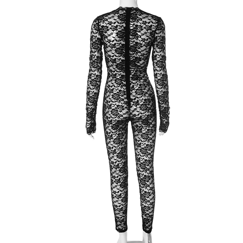 Weird Puss Sexy Jacquard Jumpsuit Women Sexy Mesh Patchwork Low-Neck Hollow Full Sleeve Skinny Midnight Party Clubwear Overalls