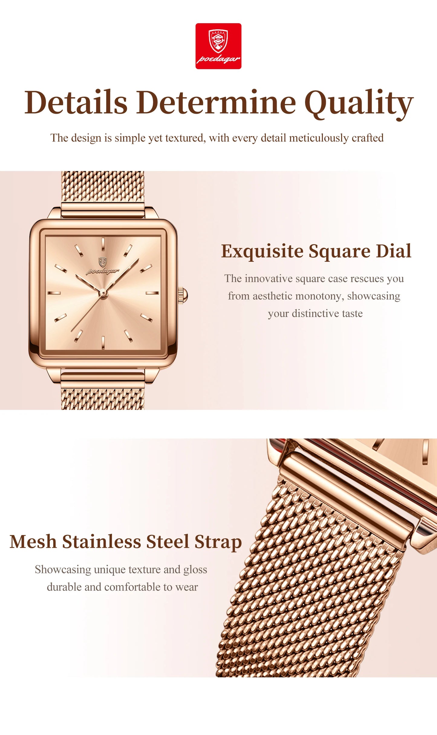 POEDAGAR Fashion Ladies Watch Waterproof Square Elegant Watch, Mesh Stainless Steel Quartz, lady's Watches, Reloj