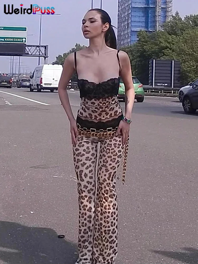 Weird Puss Mesh Patchwork 2 Piece Set Women Sexy Cleavage Sleeveless Crop Tops+Leopard Print Skinny Pants Street Wild Trend Suit