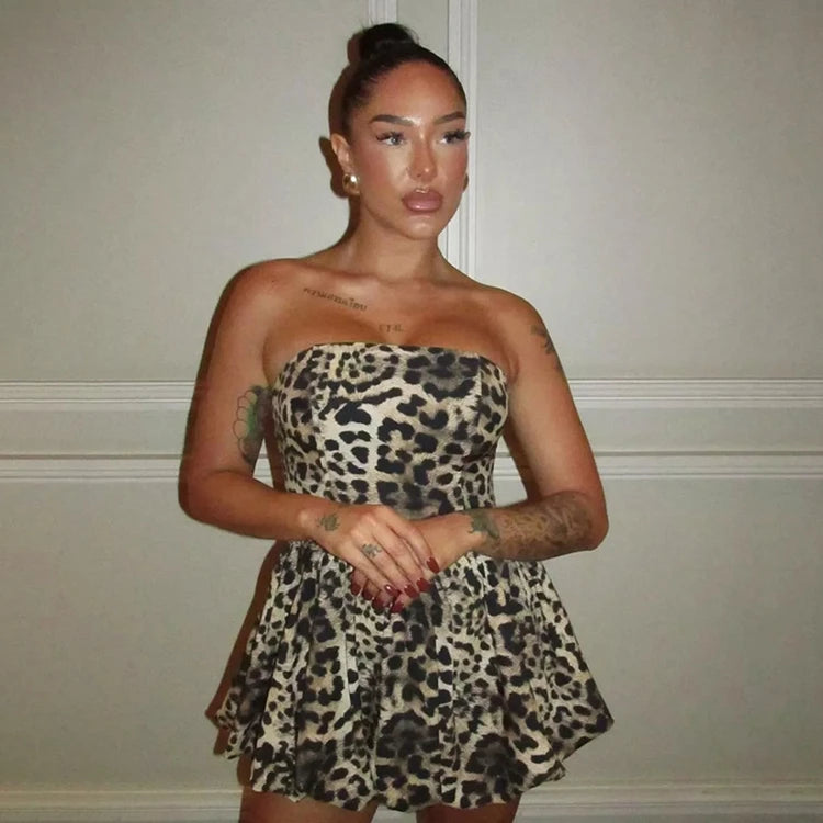 STYLISH LADY Leopard Printed Bud Dress 2025 Spring Strapless Backless Patchwork Sexy Club Party Mini Vestidos De Festa