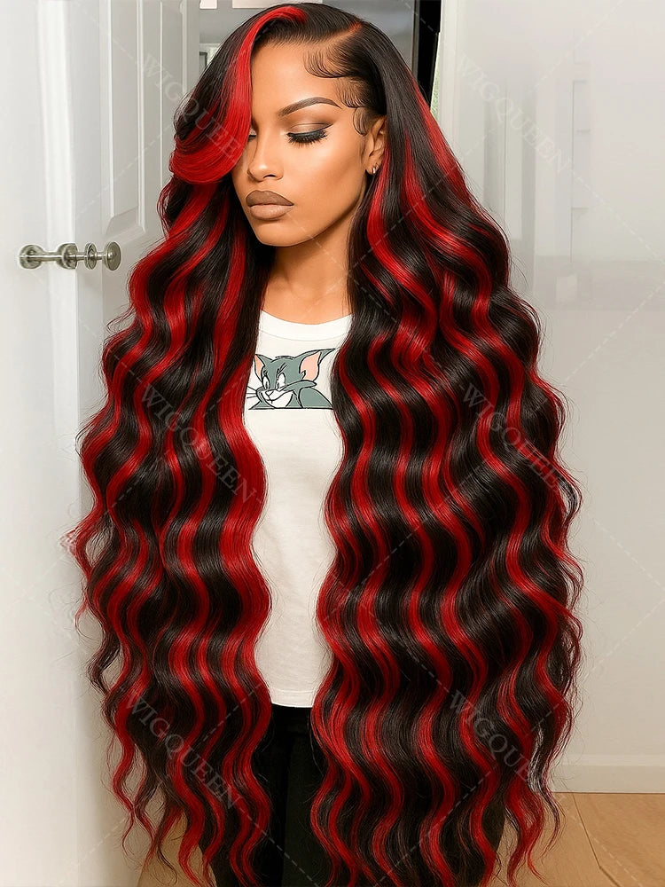 Omber Black With Red Colored Wigs Highlight Lace Front Wigs Human Hair Body Wave Brazilian 5x5 Hd Lace Frontal Glueless Wigs