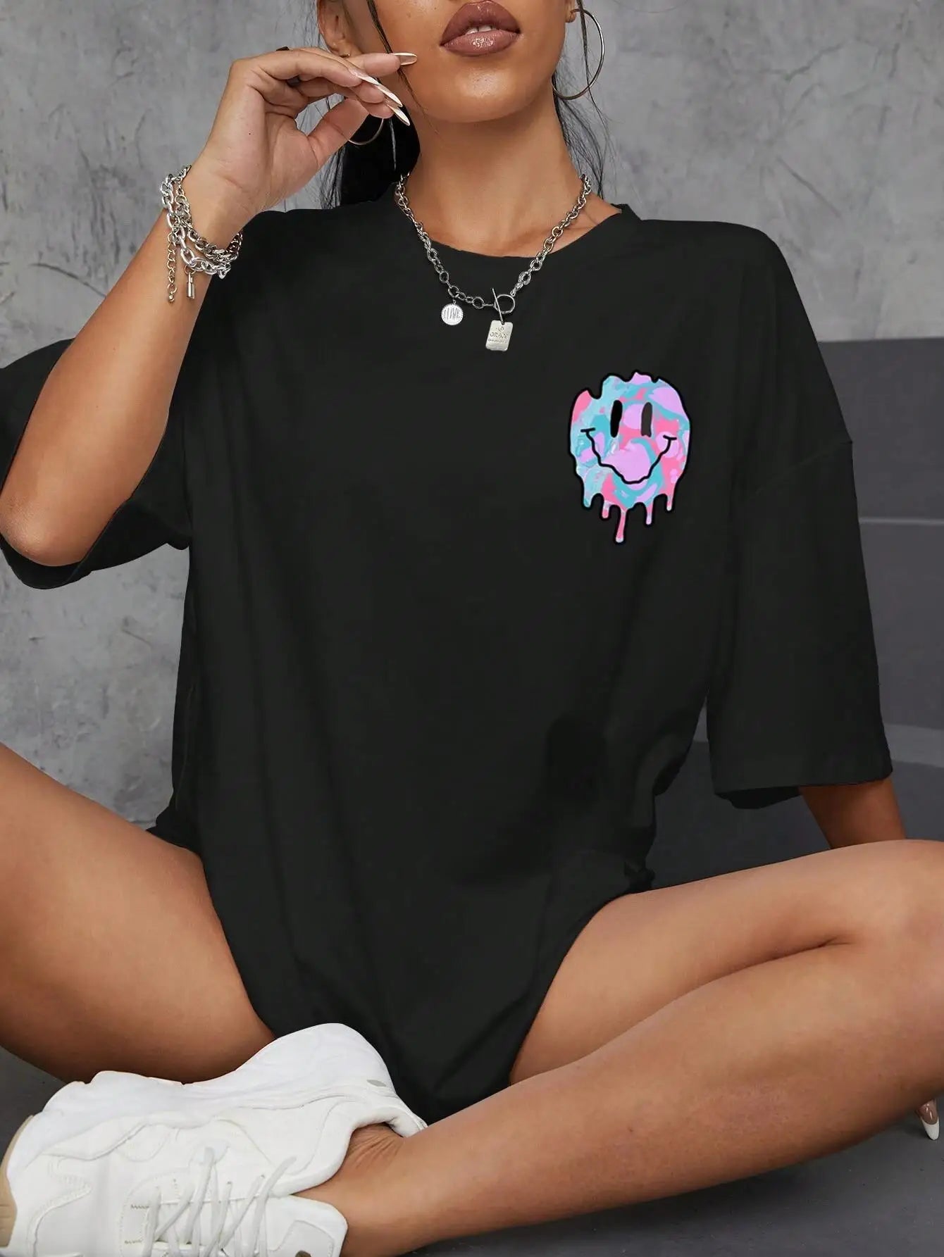 Funny Smile Face Print Female Tshirt Street Casual All Match T-Shirt Fashion Soft Clothes Hip Hop Breathable Tee Shirts Women