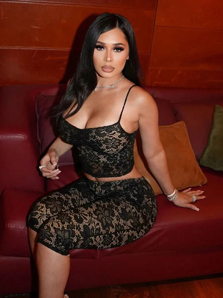 Weird Puss Mesh Patchwork 2 Piece Set Women Sexy Jacquard Backless Camisole+Stretch Skinny Peach Hip Pants Club Party Outfits