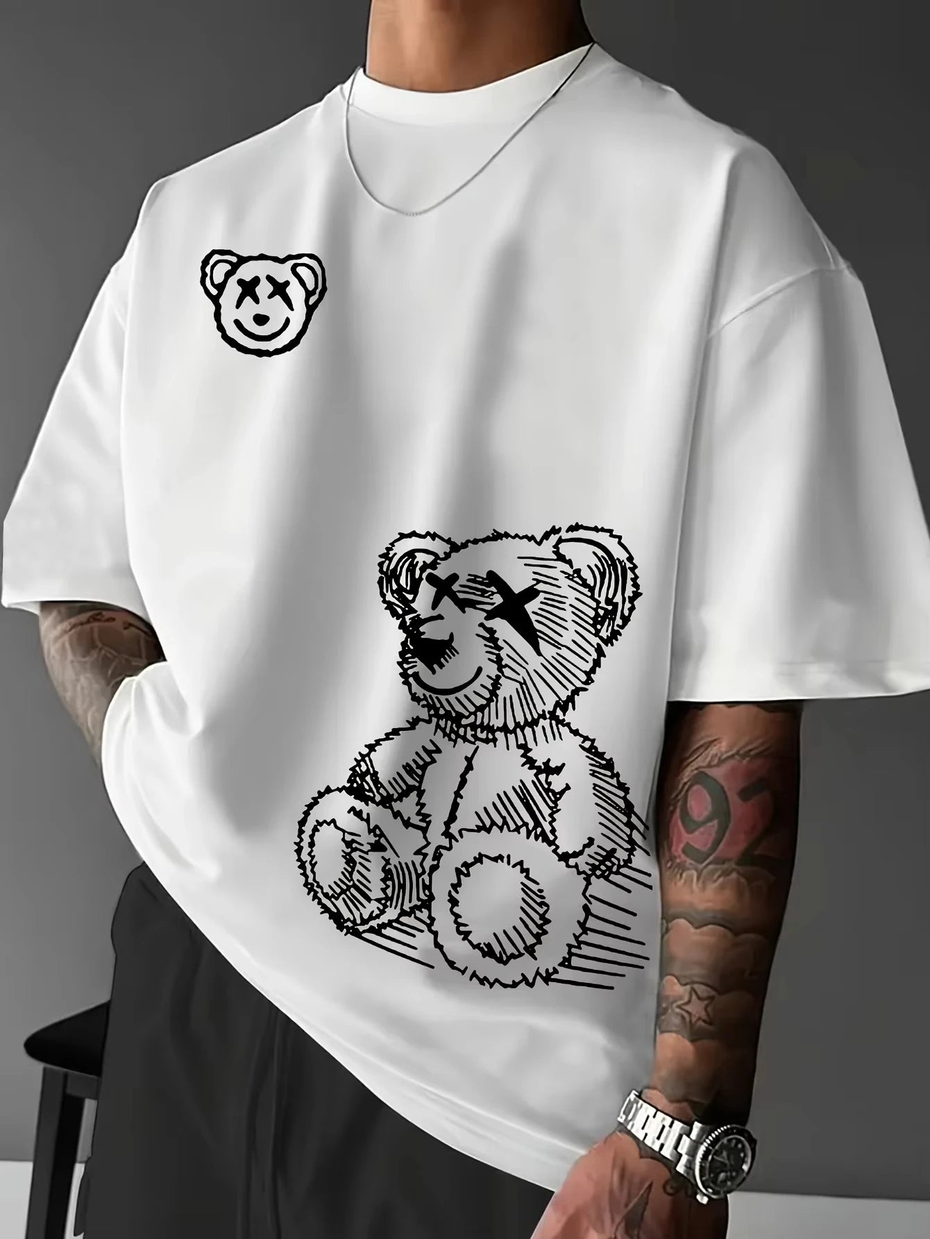 Summer Men's Pure Cotton Casual Sports Loose and Fashionable Cartoon Bear Pattern Printed Round Neck Short Sleeved T-shirt