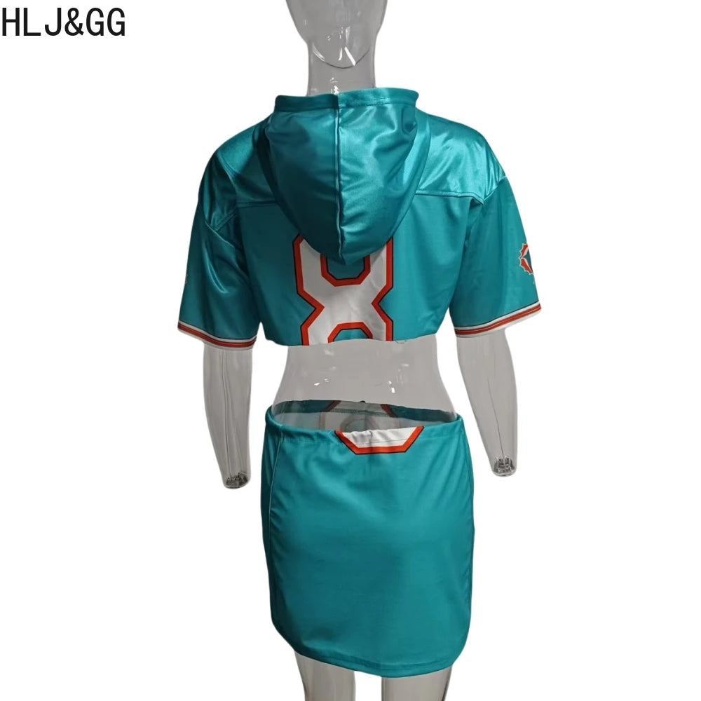 HLJ&GG Fashion Trend Y2K Letter Print Two Piece Sets Women Round Neck Short Sleeve Crop Top And Mini Skirts Outfits Streetwear