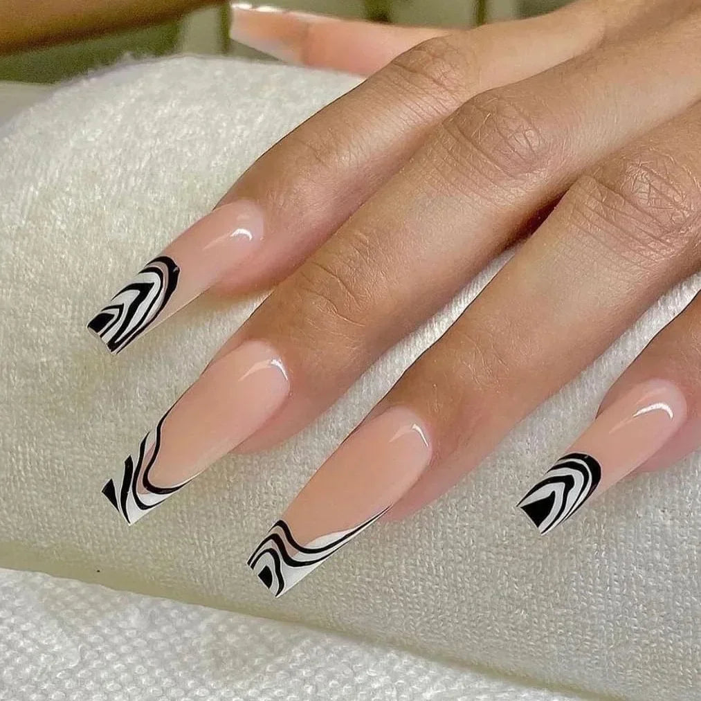 24Pcs Shimmery Long Coffin False Nails with Glue Ballerina Nail Design Sweet Fashion French Press on Acrylic Nails Tips