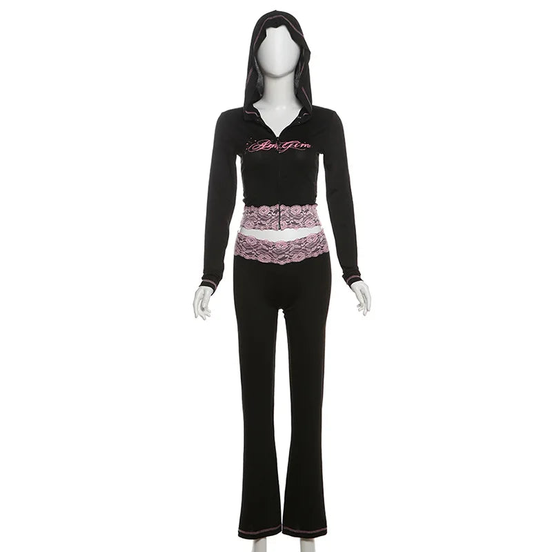 HLJ&GG Black Y2K Letter Printing Hooded Lace Splicing Two Piece Sets Women Zipper Long Sleeve Slim Top And Pants Outfits 2025