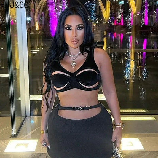 HLJ&GG Sexy Hollow Out Backless Slim Tank Top Women Round Neck Sleeveless Crop Vests Black Fashion Solid Nightclub Clothing 2025