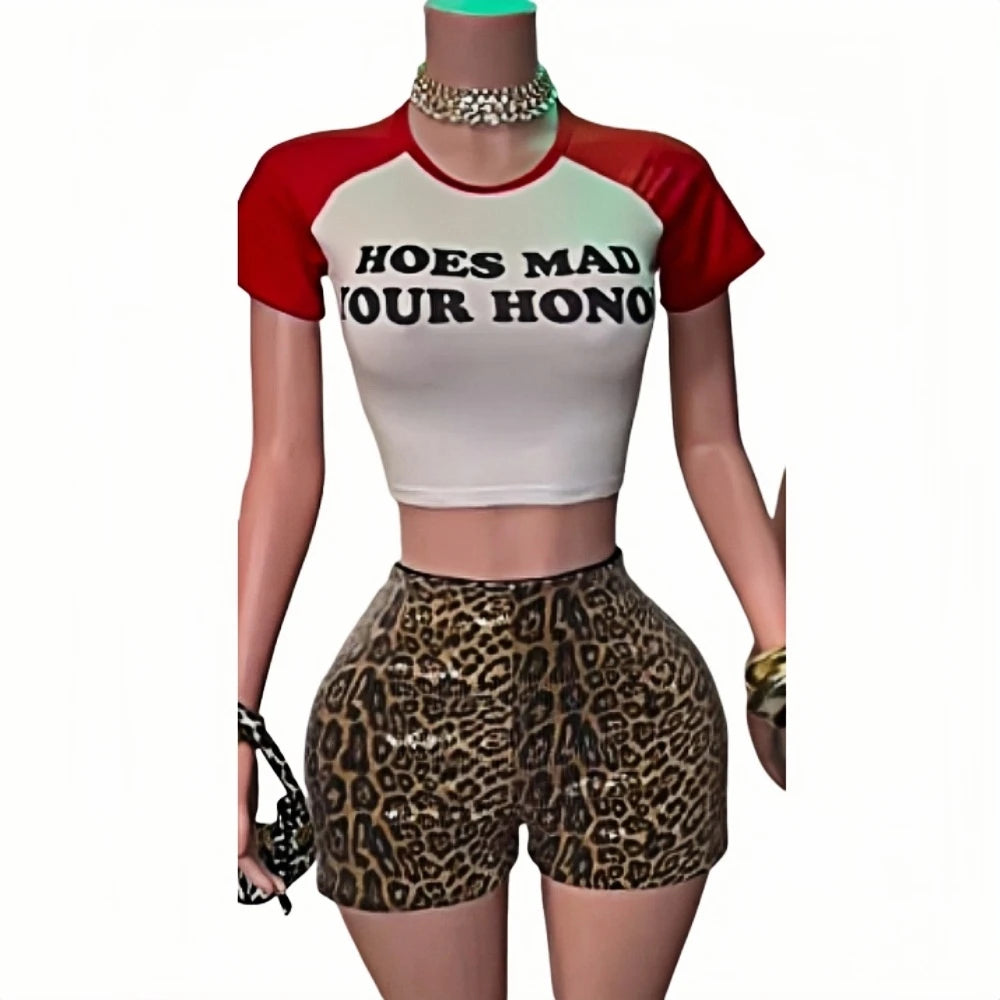 HLJ&GG Y2K Fashion Letter Print Slim Tshirts Two Piece Sets Women Round Neck Short Sleeve Top And Leopard Sequin Shorts Outfits