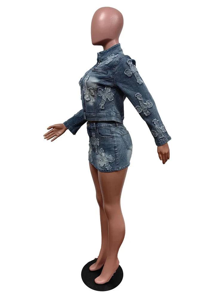 Weird Puss Vintage Women 2piece Set Half High Collar Zip Jacket+High Waist Mini Skirt Hipster Streetwear jeans Embroidery Suits