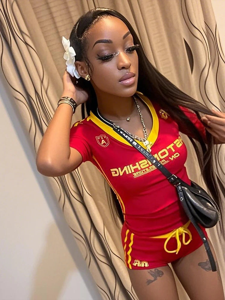 Sisterlinda Casual Summer 2 Piece Set Letter Print Crew Neck Short Sleeve T-shirts+Drawstring Slim Mini Bottoms, lady's Tracksuit