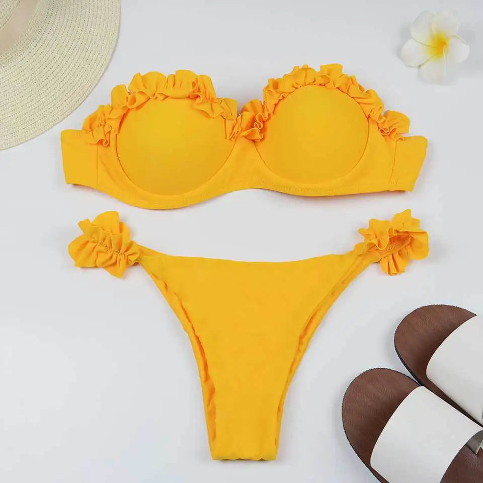 Solid Bikini Set Women Swimsuit Chic Ruffles Micro Bikini Split Bathing Suit Summer 2025 New Beach Spice Girl Swimwear