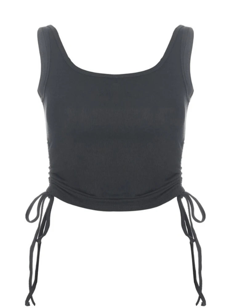 Ruched Sleeveless Tank Tops Tees Women Solid Casual Fashion Crop Top Ladies High Street Tie Up Croptop Summer Fitness