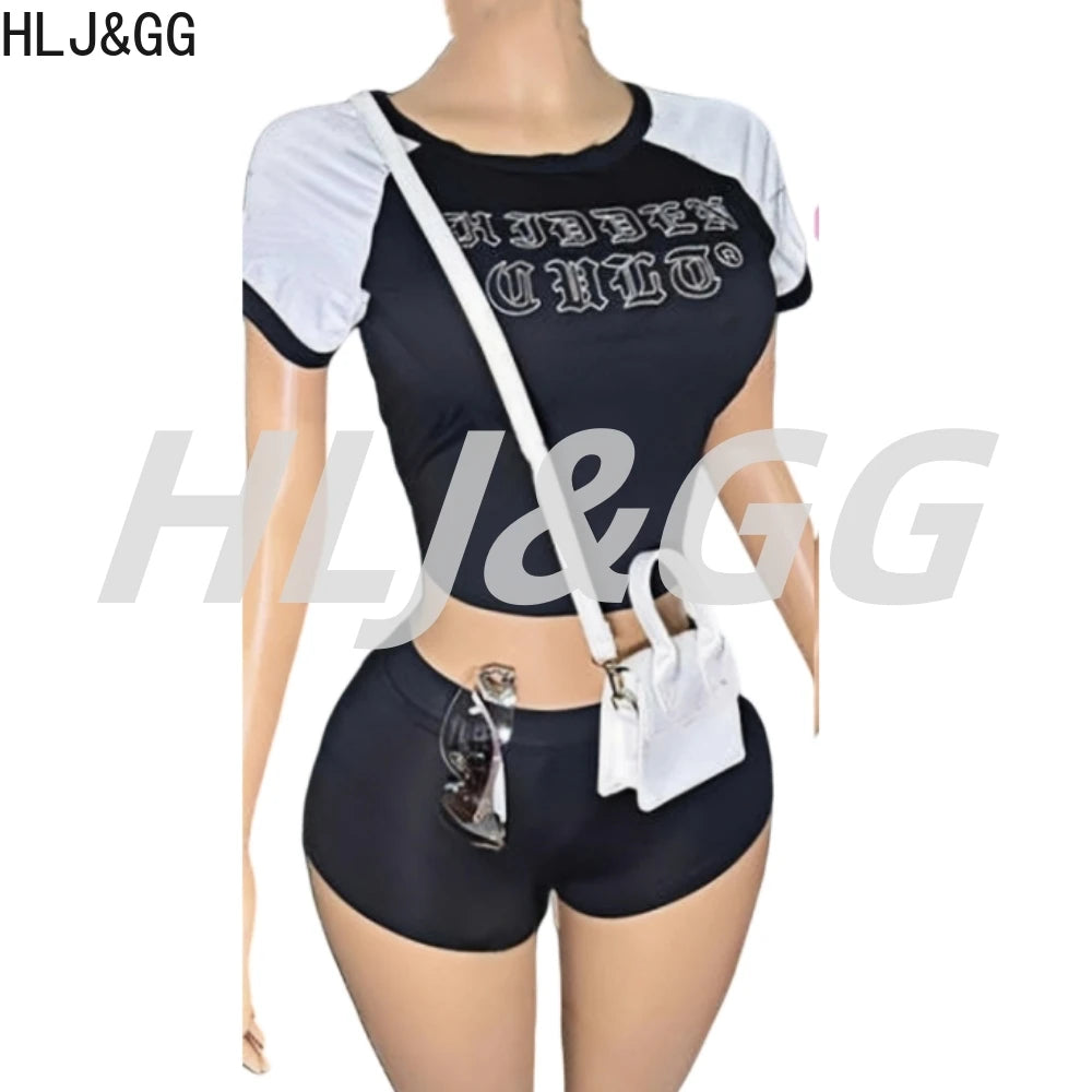 HLJ&GG Fashion Letter Y2K Shorts Two Piece Sets Women Round Neck Slim Crop Top And Shorts Outfits Summer New Hot Girl Streetwear