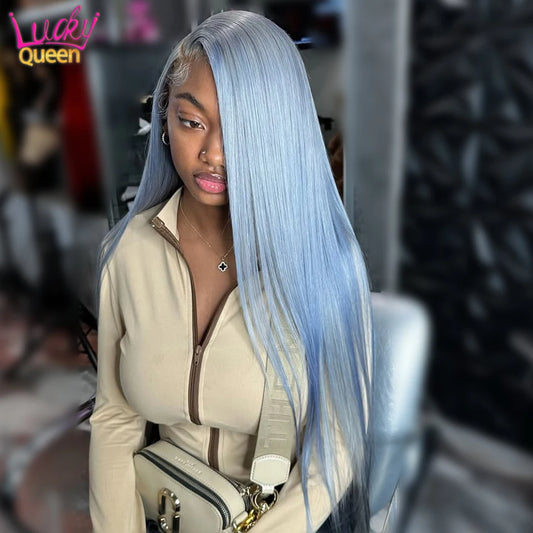 Icey Blue Silver Gray 13x6 Front 613 Colorful Wigs 180 Density Human Hair Pre Plucked For Women Transparent Lace Straight 13X4
