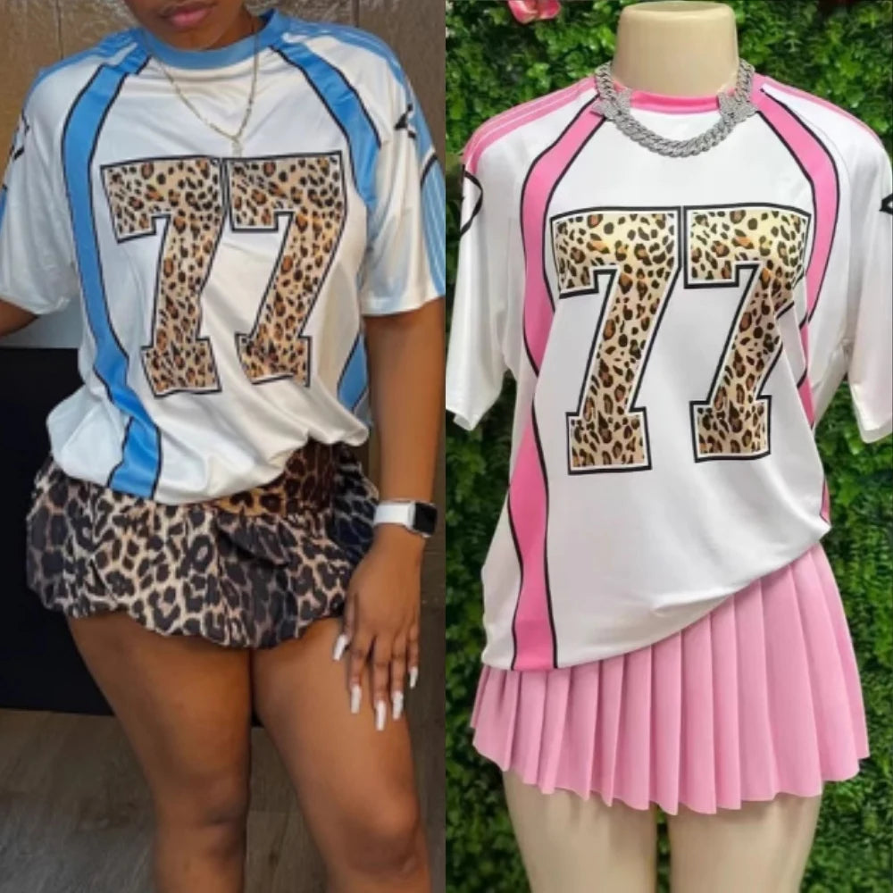 HLJ&GG Fashion Y2K Letter Leopard Puffy Mini Skirts Two Piece Sets Women Round Neck Short Sleeve Top + Skirts Outfits Streetwear