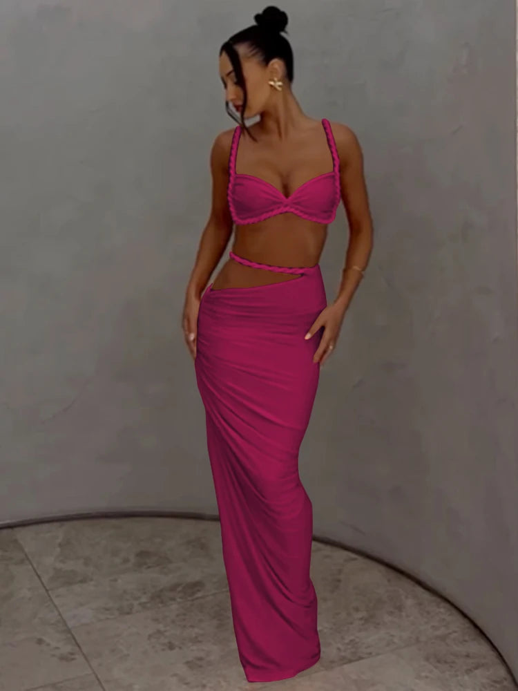 Weird Puss Square Collar 2 Piece Set Women Bra+Skinny Long Skirts Bandage Ruched 2025 Summer Vacation Beach Party Trend Suits