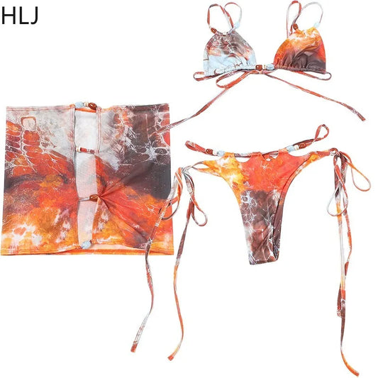 HLJ&GG Sexy Printing 2 Piece Sets Woman Outfits Spaghetti Strap Crop Bra Top+Bikini Shorts + Skirt Matching Suit Female Holiday