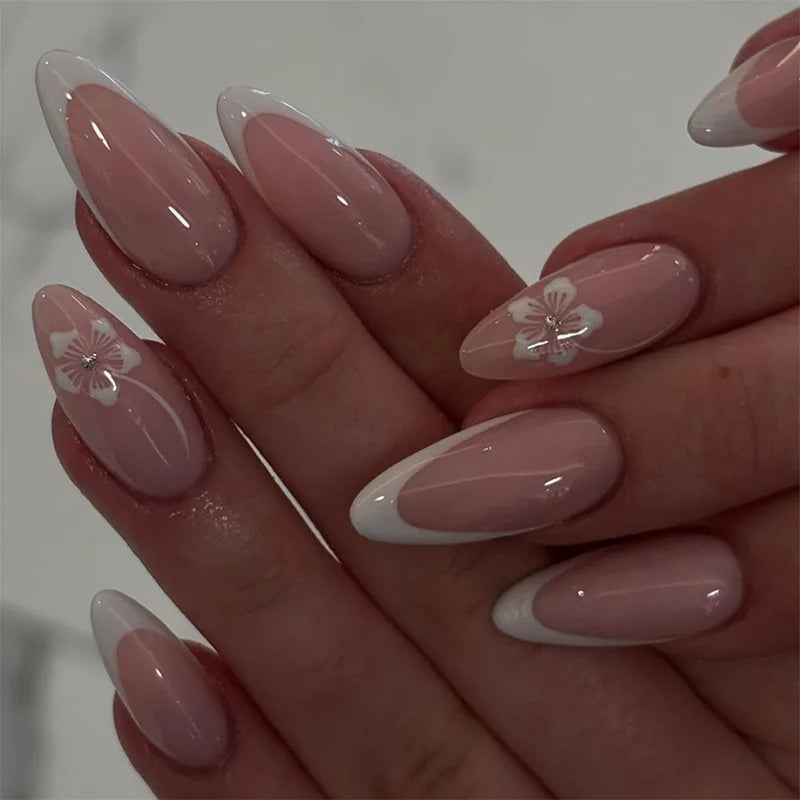 White French Press on Nails 3D Bowknot Fake Nails Tips Full Cover Wearable False Nails for Women and Girls DIY 24Pcs