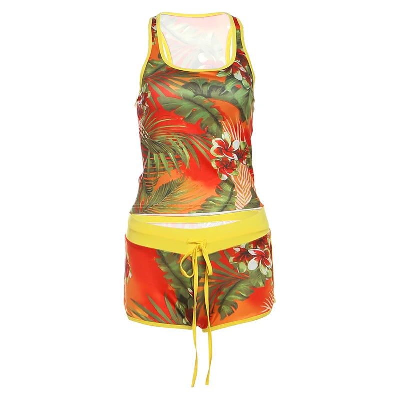 Weird Puss Colorful Print Women Tracksuit 2Piece Set Summer Casual Tank Tops+Shorts Matching Streetwear Stretch Activity Outfits
