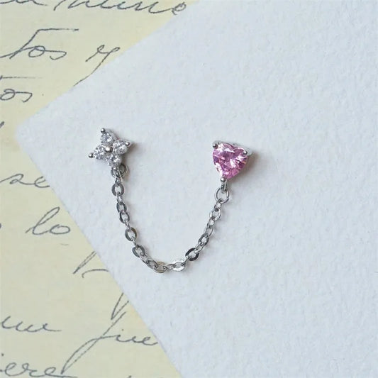 1PCS Pink Love Heart Chain Double Ear Hole 316L Stainless Steel Ear Bone Nail Y2K Fashion Hottie Earrings for Women Jewelry