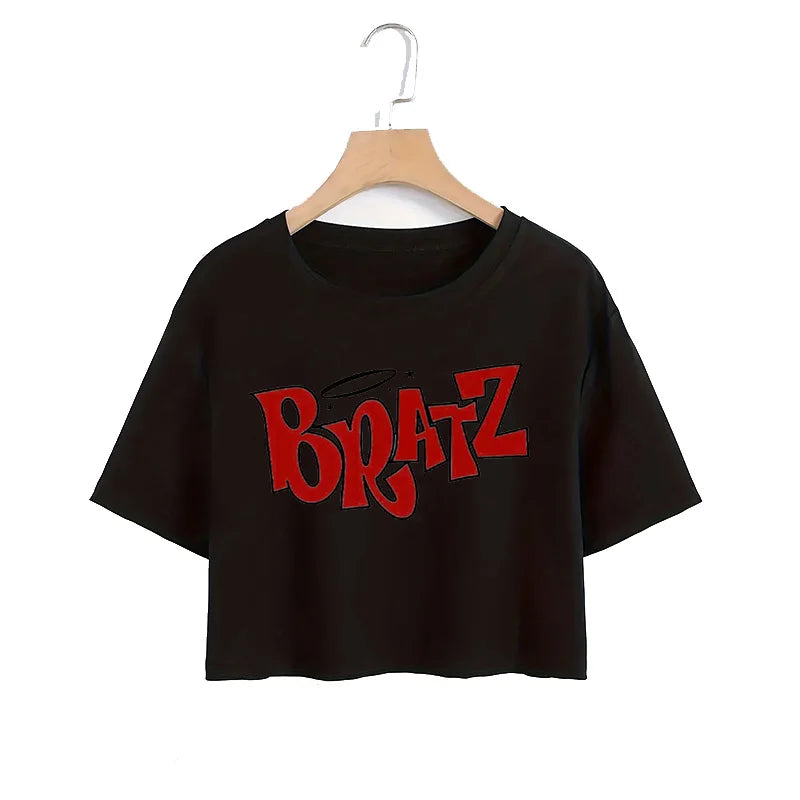 T Shirt Woman 2025 New in Cropped Cherry Print Crew Neck T-shirt Y2K Short Sleeve Fit Crop Top Spring Summer Women's Clothing