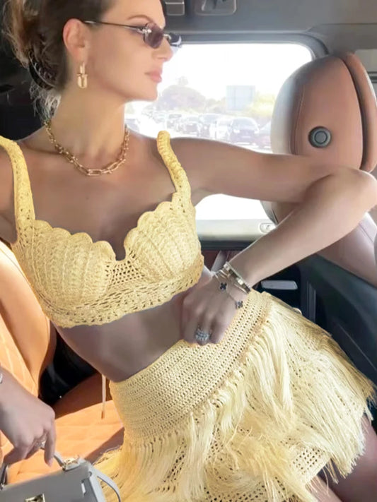 Sexy Knitted Tassels Top Mini Skirt Set Women Crop Bikini Vests Multi Layers Fringe Skirts 2025 Summer Beach Party Outfits Lady