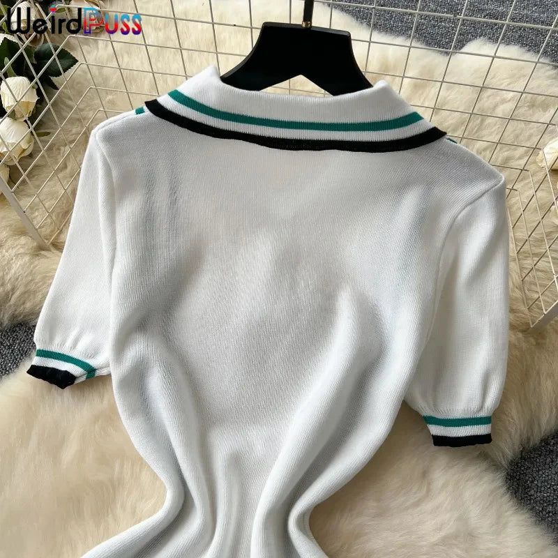 Weird Puss Contrast Stripe Dress Women Knitted Polo-Neck Short Sleeve Ruffles Stretch Hem Casual Trend Streetwear Mini Bodycon