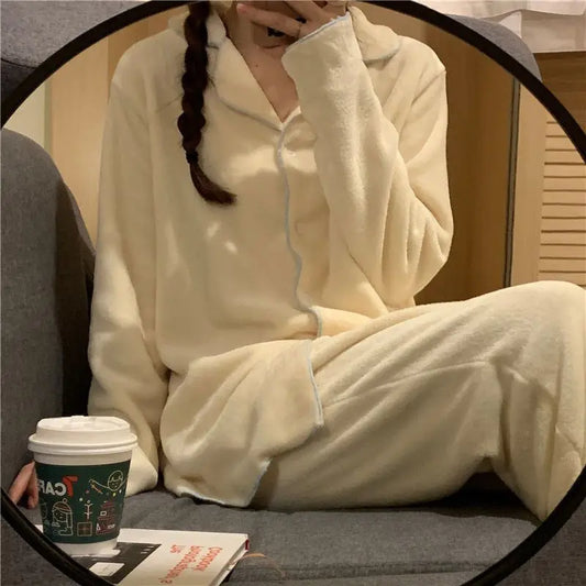 Flannel Women's Pajamas Sets Casual Autumn Winter Sleepwear Velvet Pyjama Ladies Cardigan Simple Bedroom Soft Warm Home Clothes