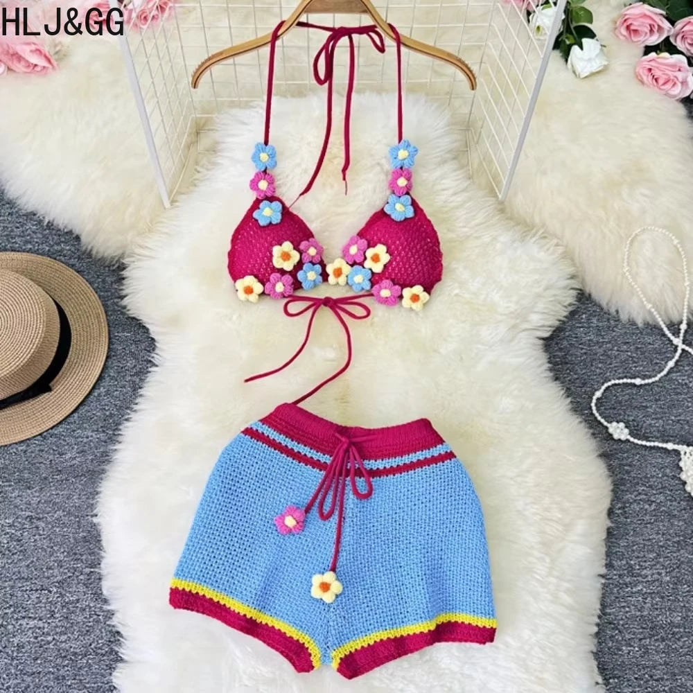HLJ&GG Sweet Pastoral Fashion Knitting Little Flower Hollow Two Piece Sets Women Halter Lace Up Backless Bra And Shorts Outfits