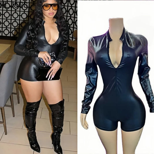 HLJ&GG Black Sexy Leather Zipper Bodycon One Piece Rompers Women Long Sleeve Slim Bodysuits Fashion Nightclub Party Playsuits
