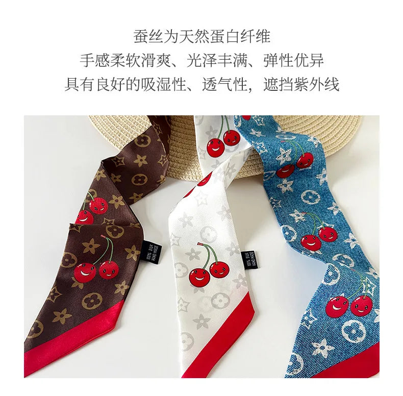 Vintage New Silk Scarf Hair Strap Women's Cherry Printed Mulberry Silk Scarf Long Strip Silk Scarf Float Accessories Scarf