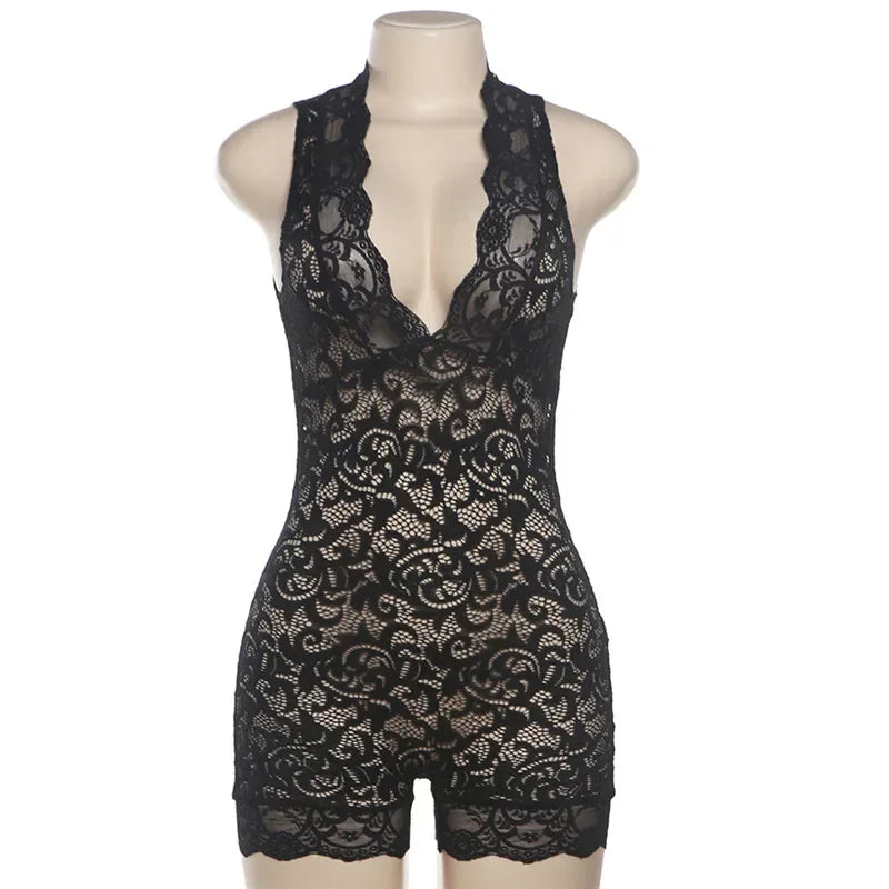 HLJ&GG Sexy Lace Perspective Hollow Out Bodycon One Pieces Rompers Womens V Neck Sleeveless Slim Jumpsuits Female Playsuits 2024