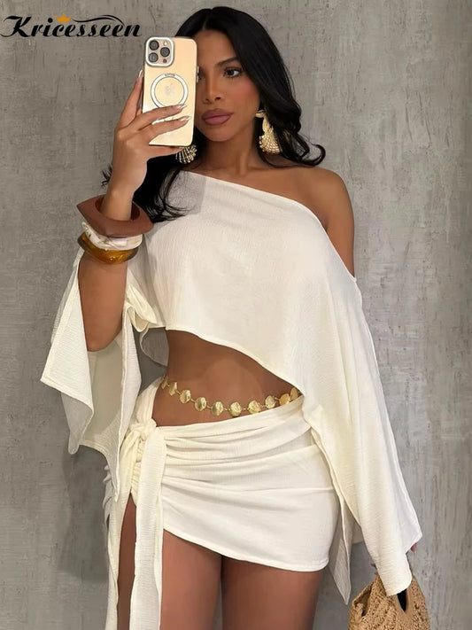 Kricesseen Elegant Single Shoulder Crop Top And Long Straps Skirt Set Women Ruched Two-Piece Vacation Outfits Clubwear