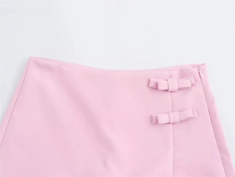 TRAF 2024 Pink White Mini Skirt Woman Fashion Bow Skort For Women Summer Slit Short Skirt Woman Split High Waist Skirt Shorts
