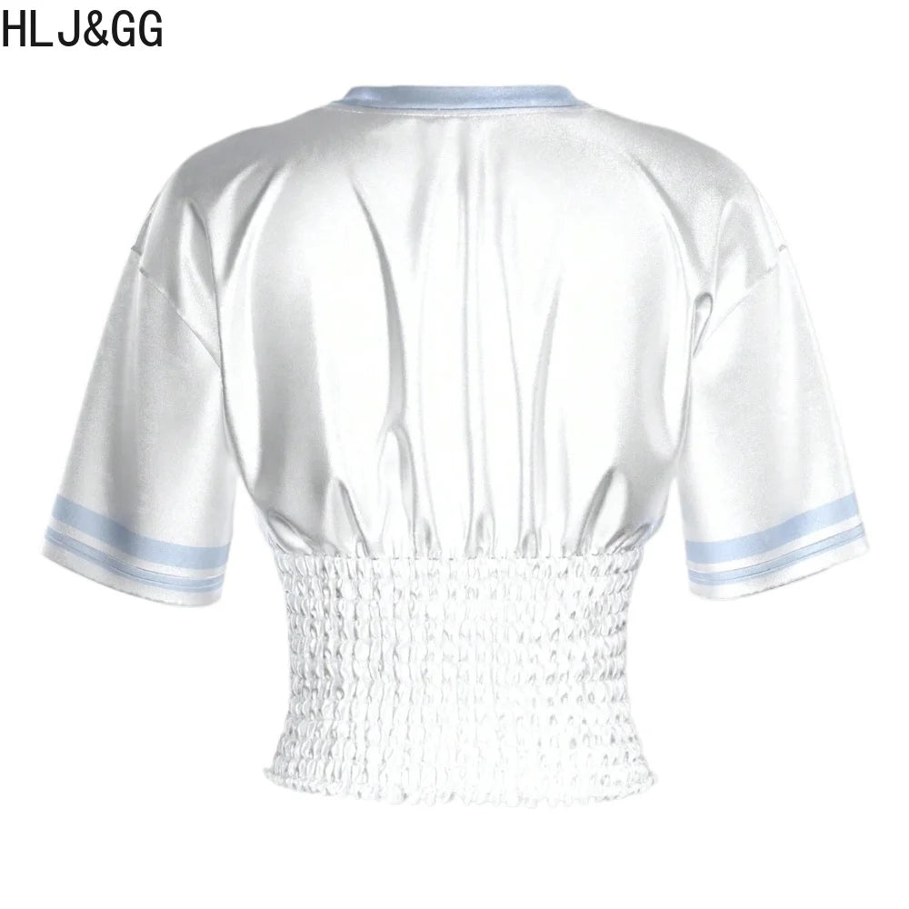 HLJ&GG Summer New Letter Y2K Streetwear Women V Neck Short Sleeve Slim Crop Top And Ruffle Plaid Shorts Two Piece Sets Outfits
