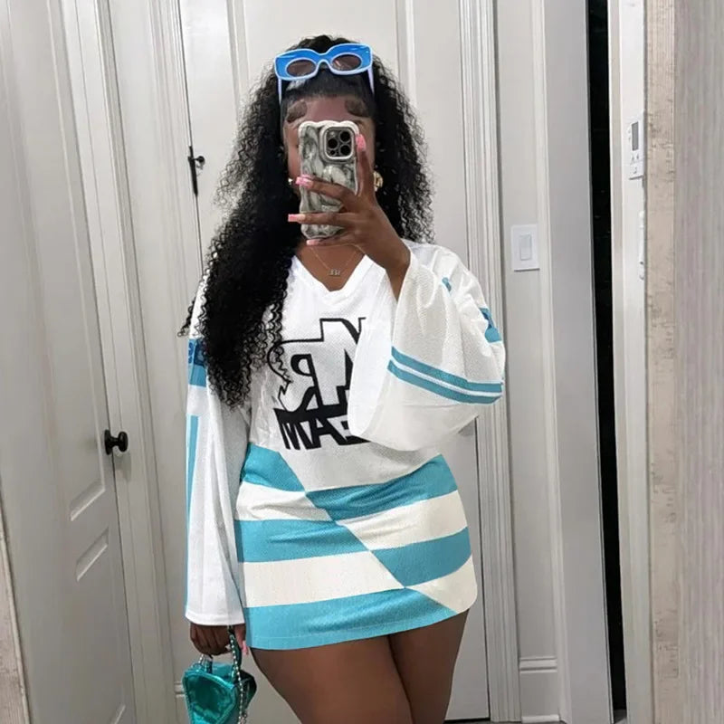 HLJ&GG Y2K Letter Print Mesh Two Piece Sets For Women V Neck Long Sleeve Top + Puffy Mini Skirts Outfits Fashion 2pcs Streetwear