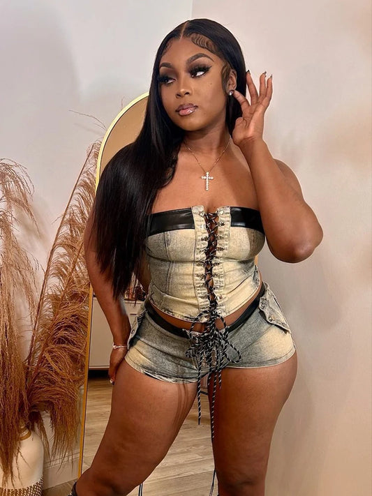 Weird Puss jeans Summer 2 Piece Set Women Leather Edging Vintage Y2K Shirring Strapless Tops+Shorts Hipster Summer Matching Suit