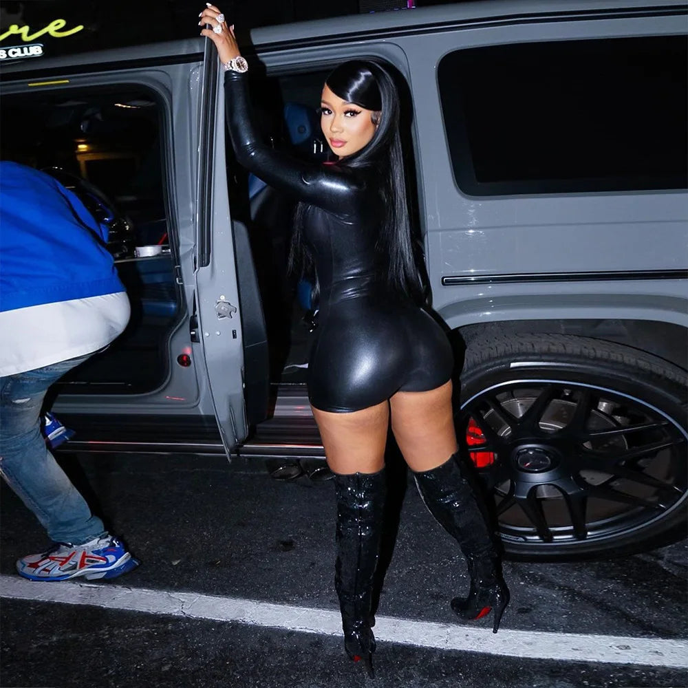 HLJ&GG Black Sexy Leather Zipper Bodycon One Piece Rompers Women Long Sleeve Slim Bodysuits Fashion Nightclub Party Playsuits