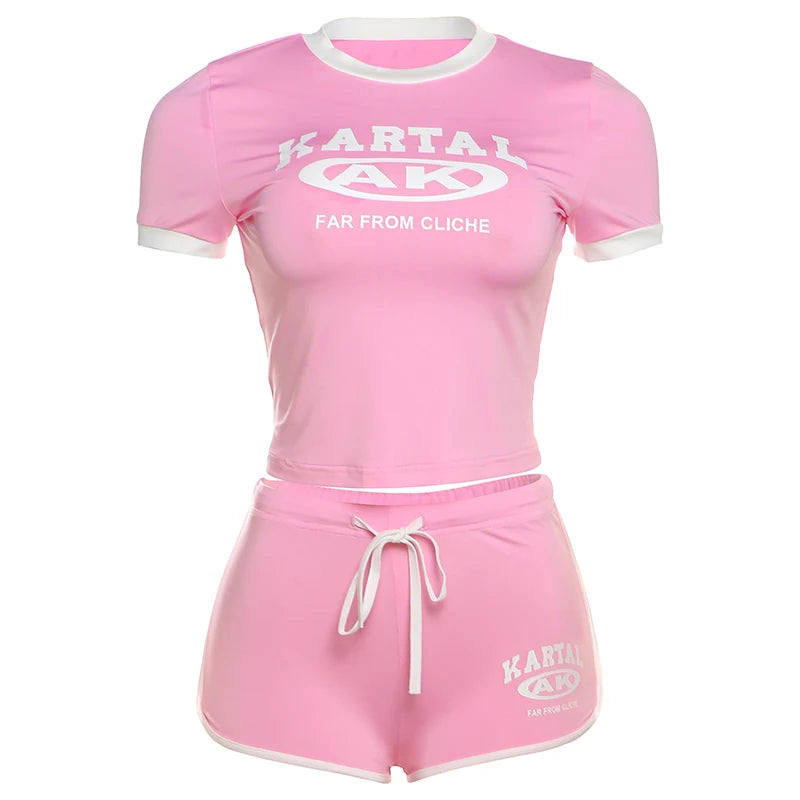 Weird Puss Letter Print 2piece Set Women Tracksuit Activity Shorts Sleeve Crop Tops+Biker Shorts Matching Street Stretch Suits