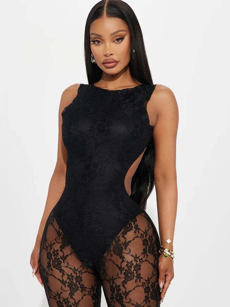 Kricesseen Women's Cut-Out See-Through Sheer Lace Jumpsuits Sexy Hollow Out Fitted Wide Legs Jumpsuits Night Out Romper Clubwear