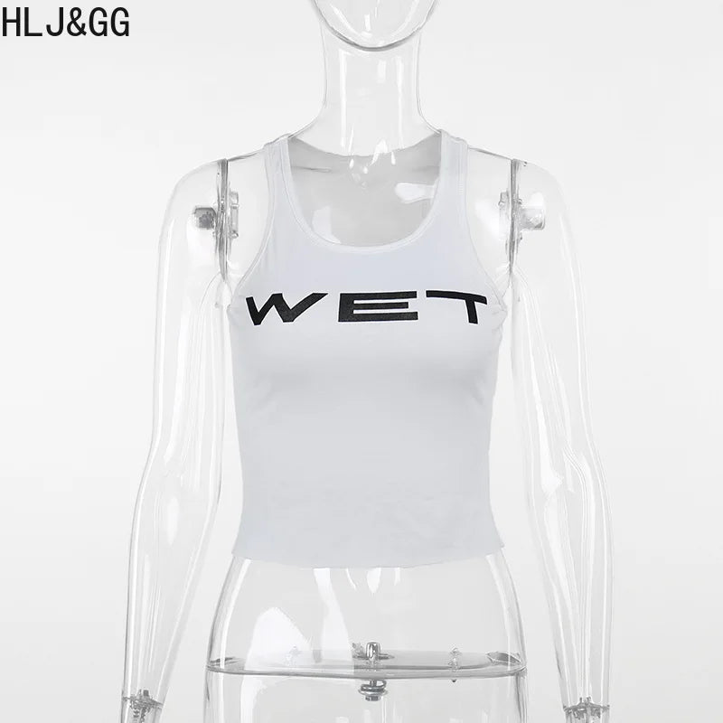 HLJ&GG Sexy Hot Girl Letter Print Bodysuits Two Piece Sets Women Round Neck Sleeveless Top And Shorts Outfits Fashion Streetwear