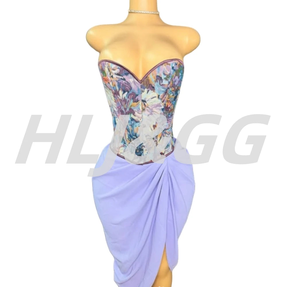HLJ&GG Sexy Oil Print Style Retro Corset Two Piece Sets Women Off Shoulder Slim Crop Top And Ruffle Irregular Mini Skirt Outfits
